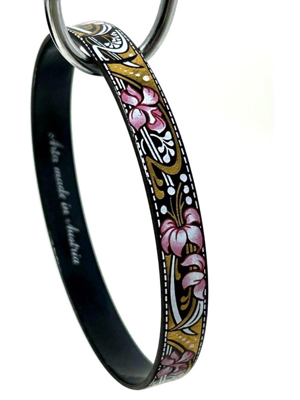 Vintage Arta Austria Black Enamel Cloisonné Floral Bangle Bracelet 8"